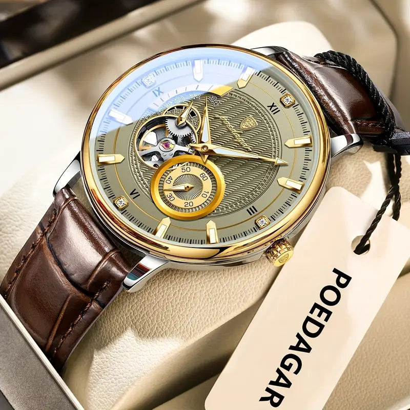 POEDAGAR Men'S Business Luxury Watch - 3ATM Waterproof, Hollow Mechanical Movement, Automatic Round Dial, Genuine Leather Strap, Grey Business Casual Wristwatch for Men, Without Battery