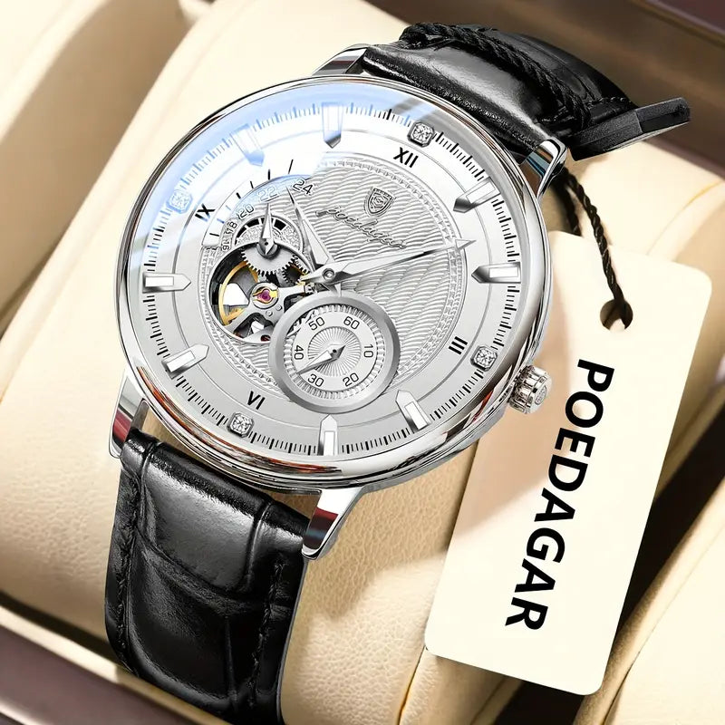 POEDAGAR Men'S Business Luxury Watch - 3ATM Waterproof, Hollow Mechanical Movement, Automatic Round Dial, Genuine Leather Strap, Grey Business Casual Wristwatch for Men, Without Battery