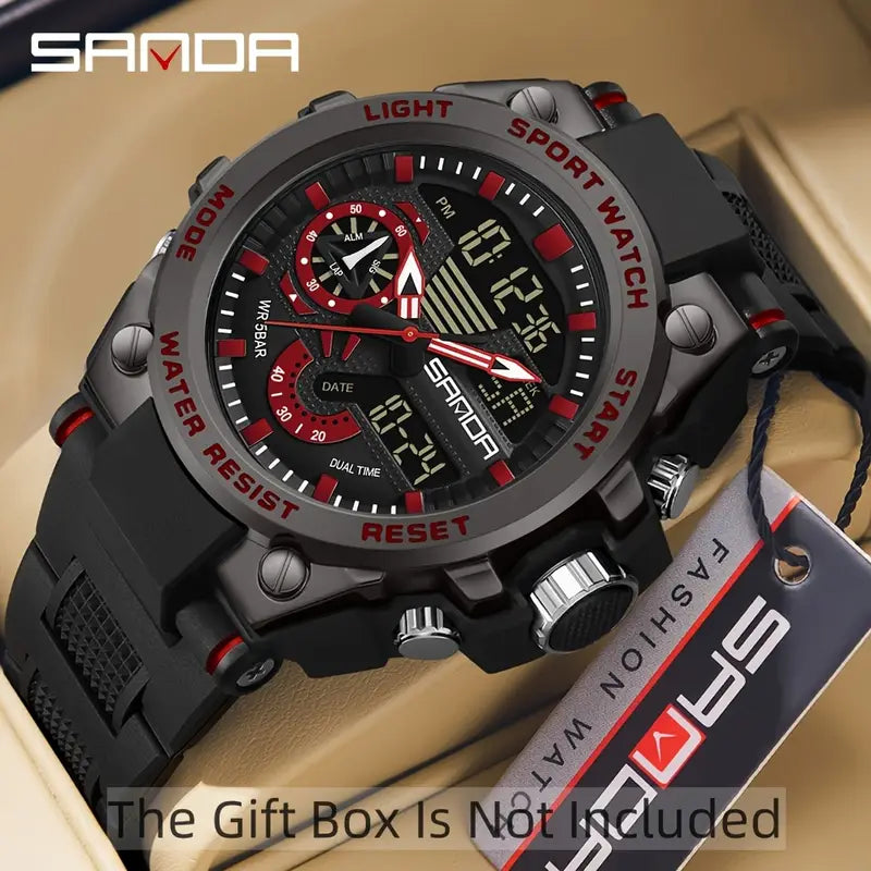 SANDA Digital Sports Watch - 50m Waterproof, Dual Display with Date & Alarm, Red & Black Durable Design, Battery-Powered for Outdoor Activities, Casual Wear, Stylish Watch, Metallic Watch Face