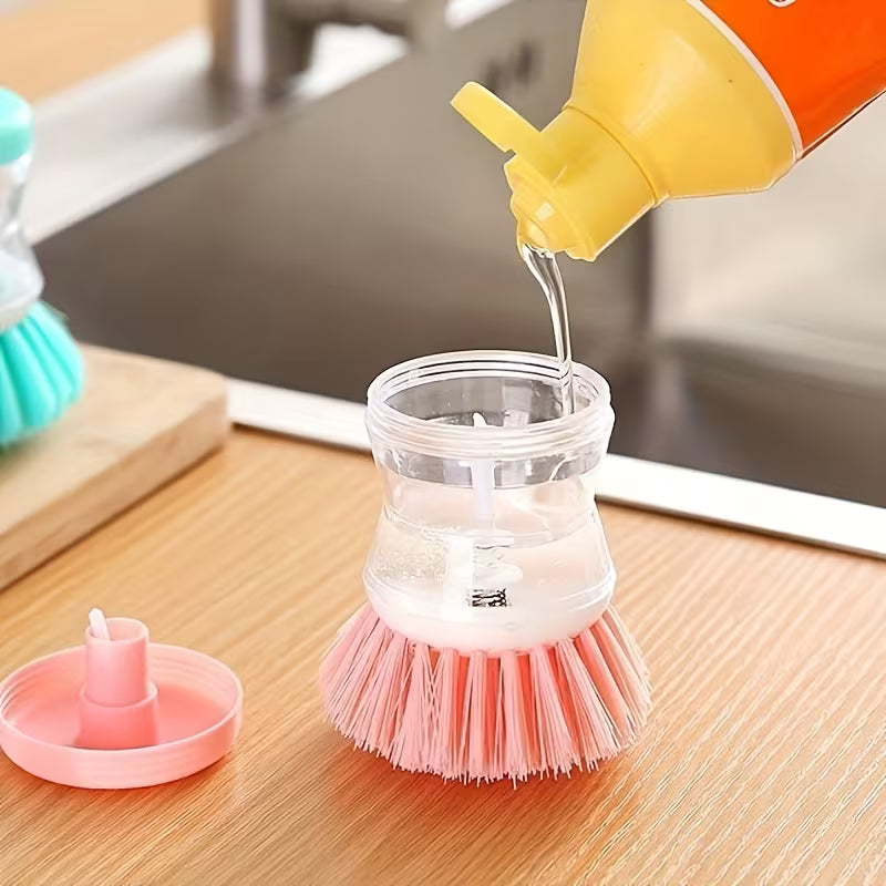 Multi-Purpose Kitchen Cleaning Brush with Built-in Soap Dispenser, Reusable Plastic Dishwashing Brush, Ergonomic Design, Suitable for Pots, Pans, and Utensils, Manual Operation No Charging Needed, for Home and Outdoor Use, 3 Colors Available
