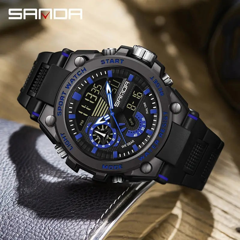 SANDA Digital Sports Watch - 50m Waterproof, Dual Display with Date & Alarm, Red & Black Durable Design, Battery-Powered for Outdoor Activities, Casual Wear, Stylish Watch, Metallic Watch Face