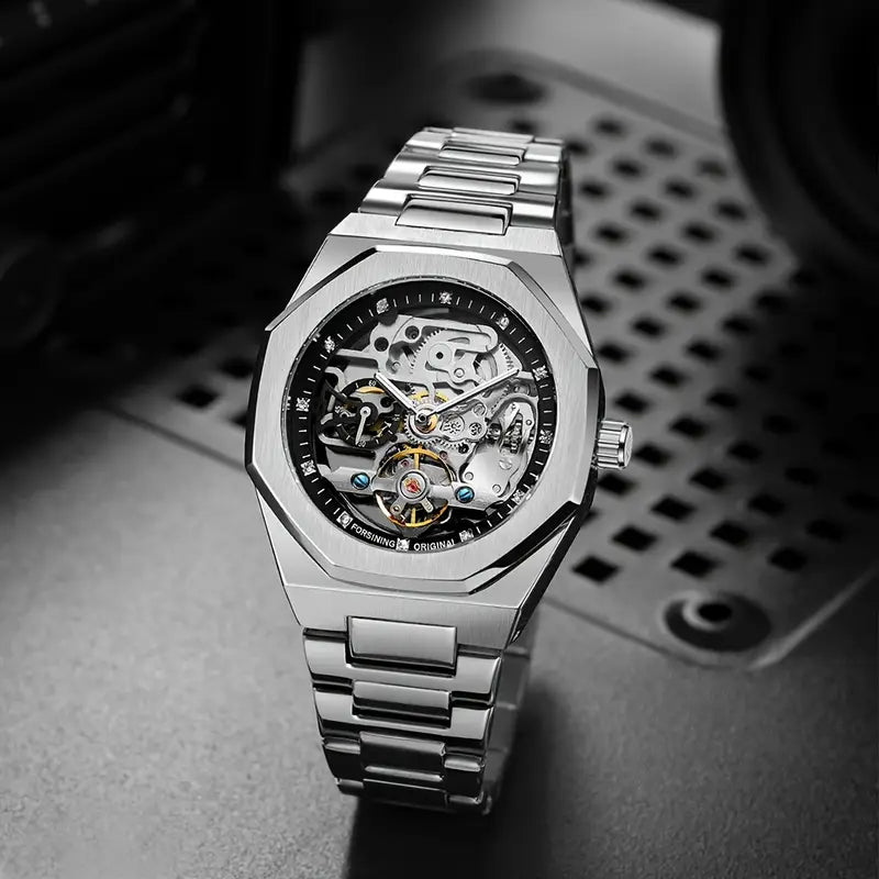 1pc Men'S Fashion Automatic Mechanical Watch with Luminous Hands, Irregular Case, Luxury Stainless Steel Strap, Business Casual Wristwatch, Anniversary Birthday Holiday Gift, Without Battery