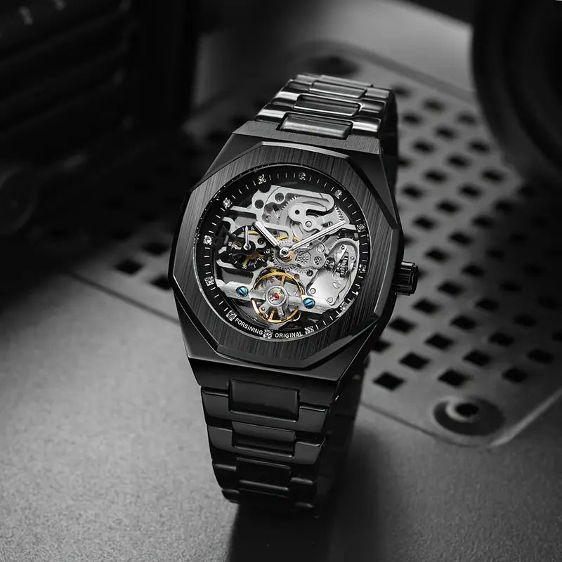 1pc Men'S Fashion Automatic Mechanical Watch with Luminous Hands, Irregular Case, Luxury Stainless Steel Strap, Business Casual Wristwatch, Anniversary Birthday Holiday Gift, Without Battery