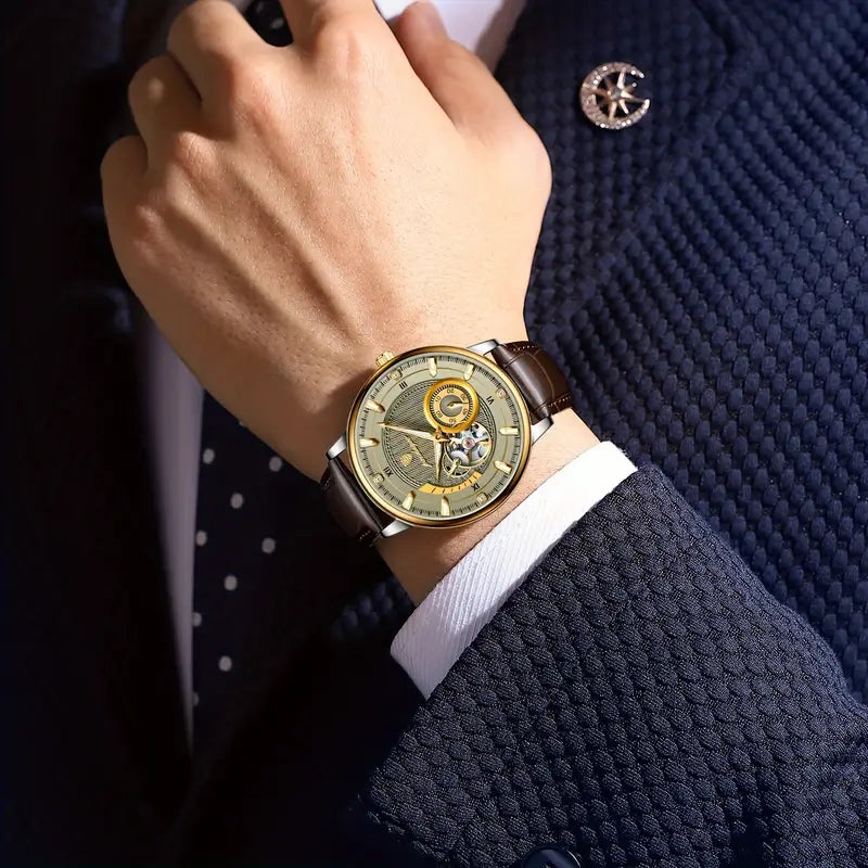 POEDAGAR Men'S Business Luxury Watch - 3ATM Waterproof, Hollow Mechanical Movement, Automatic Round Dial, Genuine Leather Strap, Grey Business Casual Wristwatch for Men, Without Battery