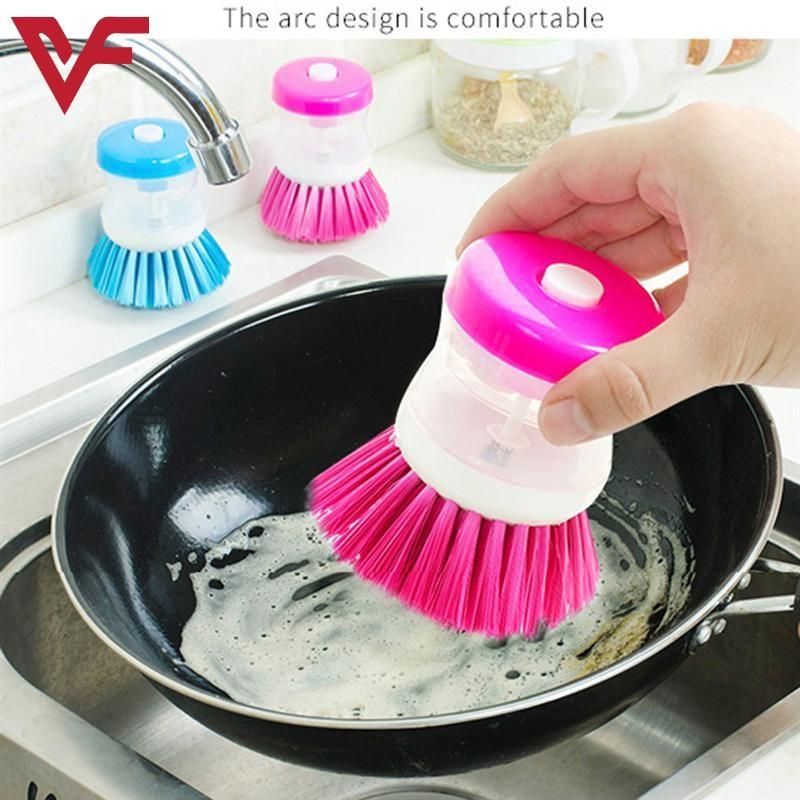 Multi-Purpose Kitchen Cleaning Brush with Built-in Soap Dispenser, Reusable Plastic Dishwashing Brush, Ergonomic Design, Suitable for Pots, Pans, and Utensils, Manual Operation No Charging Needed, for Home and Outdoor Use, 3 Colors Available