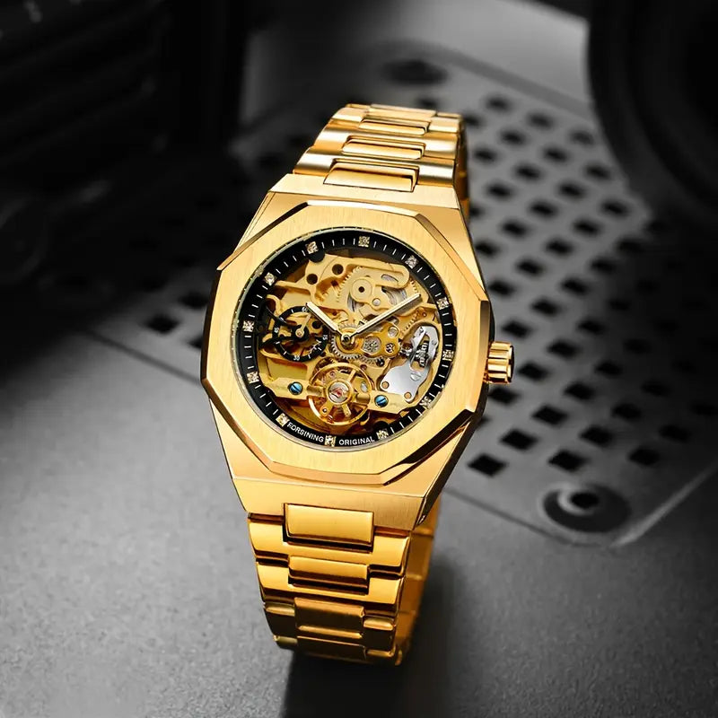 1pc Men'S Fashion Automatic Mechanical Watch with Luminous Hands, Irregular Case, Luxury Stainless Steel Strap, Business Casual Wristwatch, Anniversary Birthday Holiday Gift, Without Battery