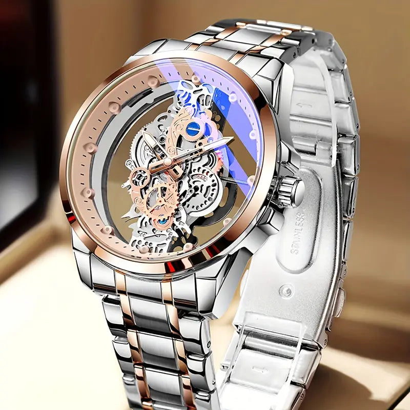 TPW Men’s Rose Gold Skeleton Luminous Quartz Watch — Glamour Exposed Movement Edition