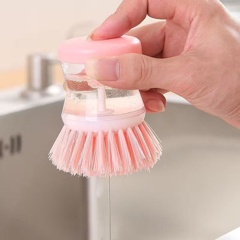 Multi-Purpose Kitchen Cleaning Brush with Built-in Soap Dispenser, Reusable Plastic Dishwashing Brush, Ergonomic Design, Suitable for Pots, Pans, and Utensils, Manual Operation No Charging Needed, for Home and Outdoor Use, 3 Colors Available