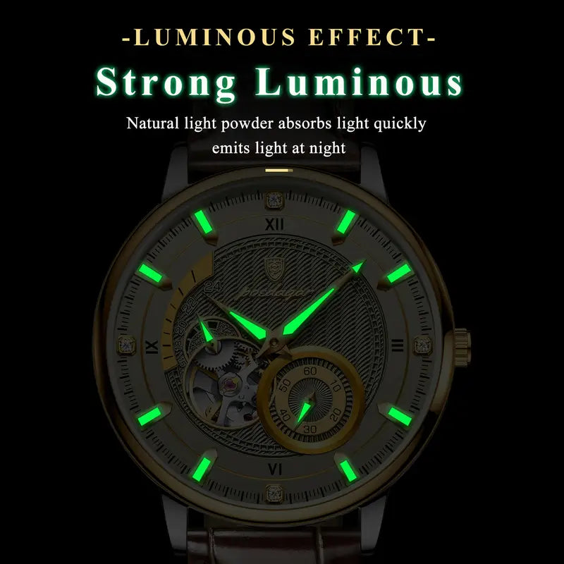 POEDAGAR Men'S Business Luxury Watch - 3ATM Waterproof, Hollow Mechanical Movement, Automatic Round Dial, Genuine Leather Strap, Grey Business Casual Wristwatch for Men, Without Battery