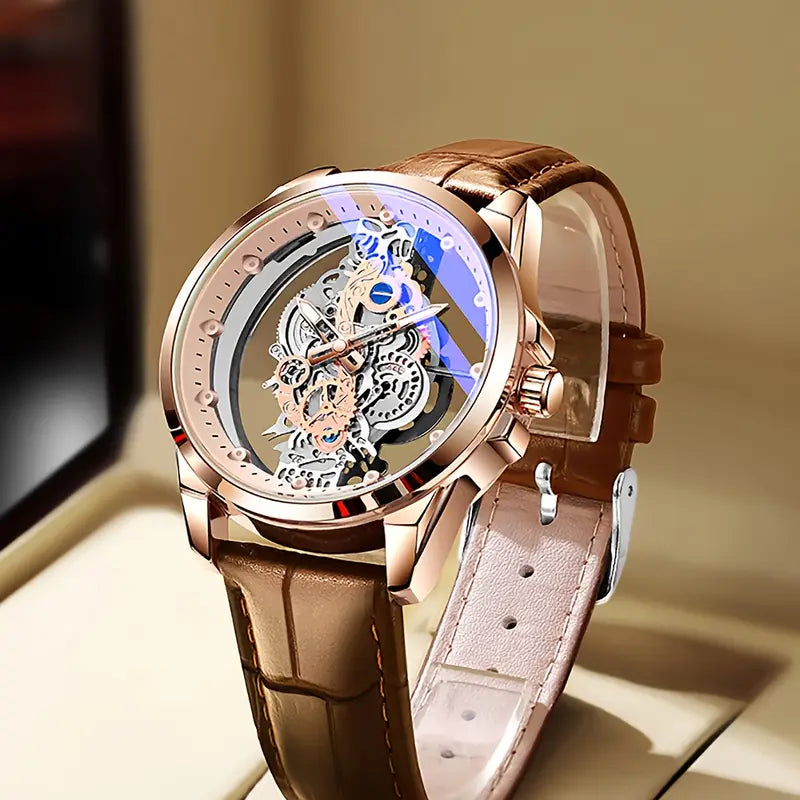 TPW Men’s Rose Gold Skeleton Luminous Quartz Watch — Glamour Exposed Movement Edition