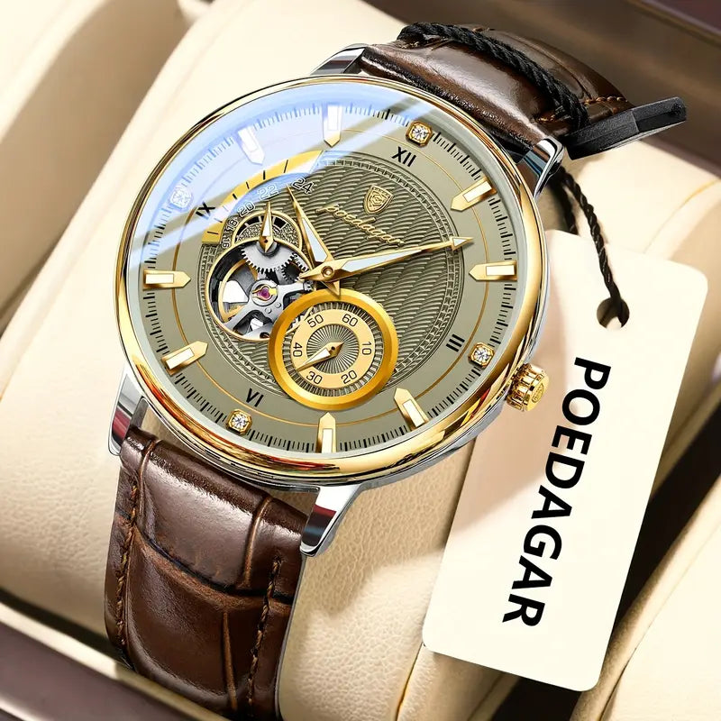 POEDAGAR Men'S Business Luxury Watch - 3ATM Waterproof, Hollow Mechanical Movement, Automatic Round Dial, Genuine Leather Strap, Grey Business Casual Wristwatch for Men, Without Battery